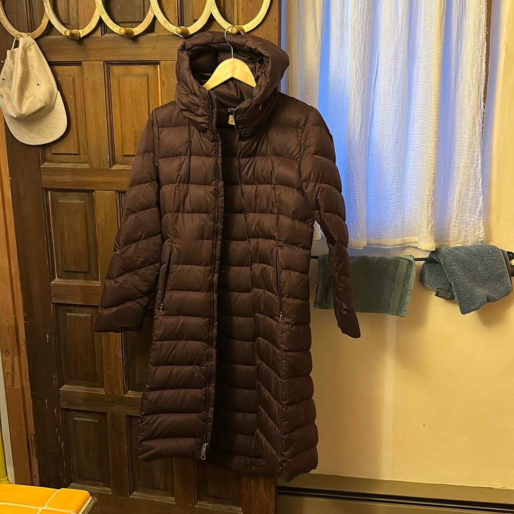 Patagonia women’s down long hooded coat